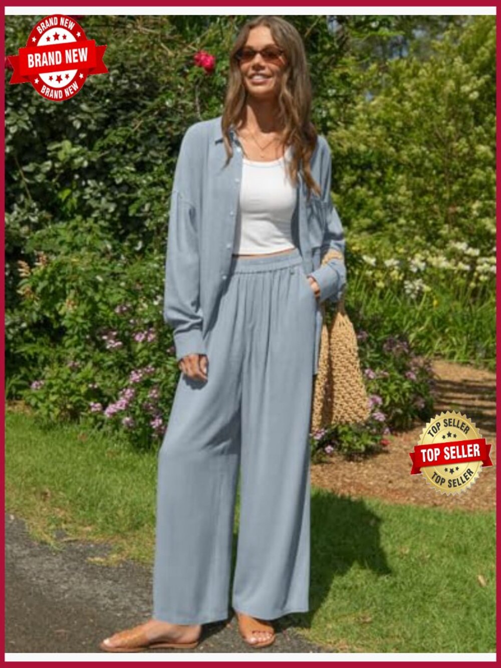 Linen 2 Piece Lounge Set Button Down Shirt Wide Leg Pants Vacation Outfit - Picture 3 of 7
